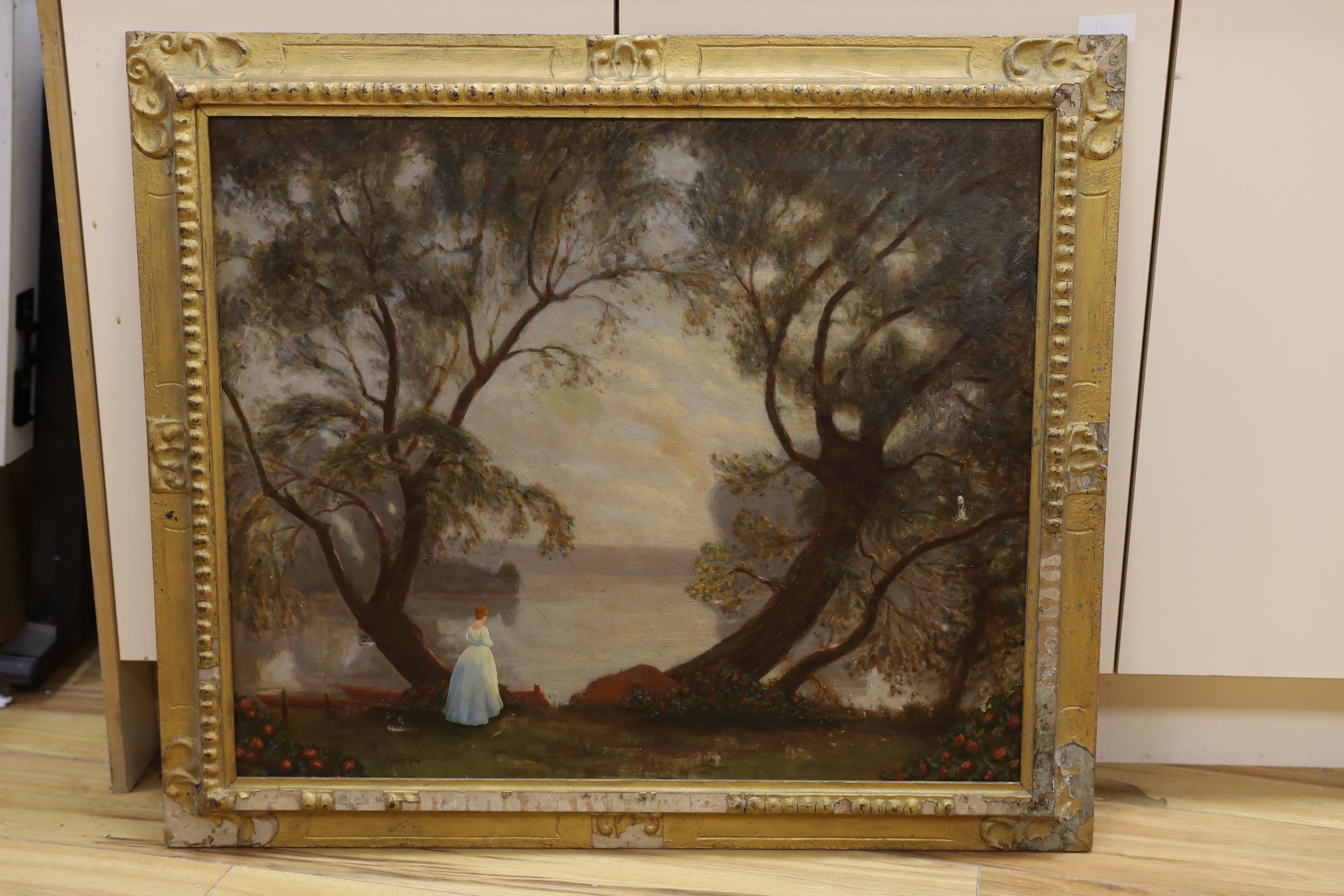 After Tom Mostyn, oil on canvas, Lady beside a lake, bears signature, 62 x 75cm